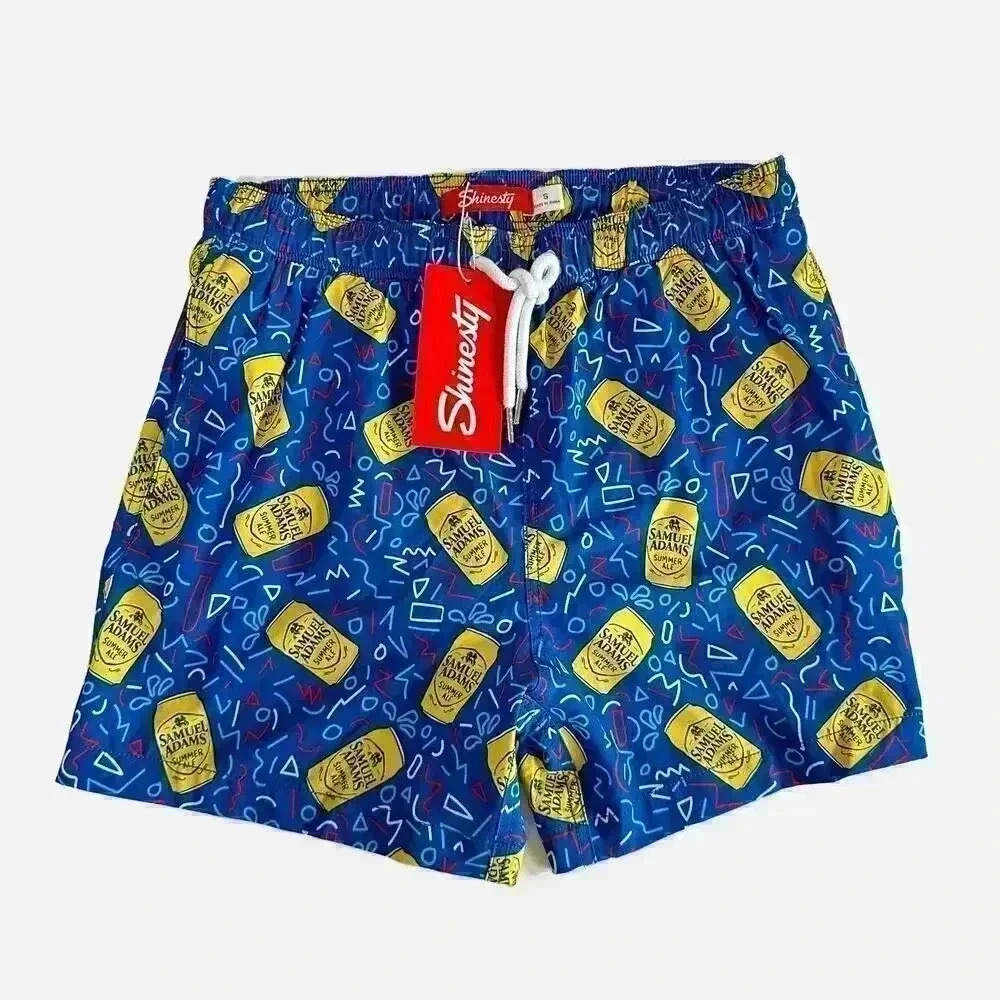 Shinesty Samuel Adams Men's Swim Trunks Size Small NEW Blue Yellow Swim Shorts